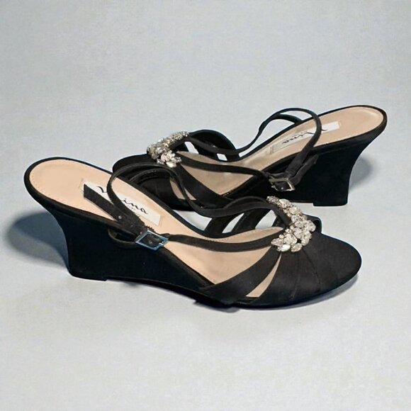 Black Satin Wedge Sandals with Rhinestones - Picture 5 of 7